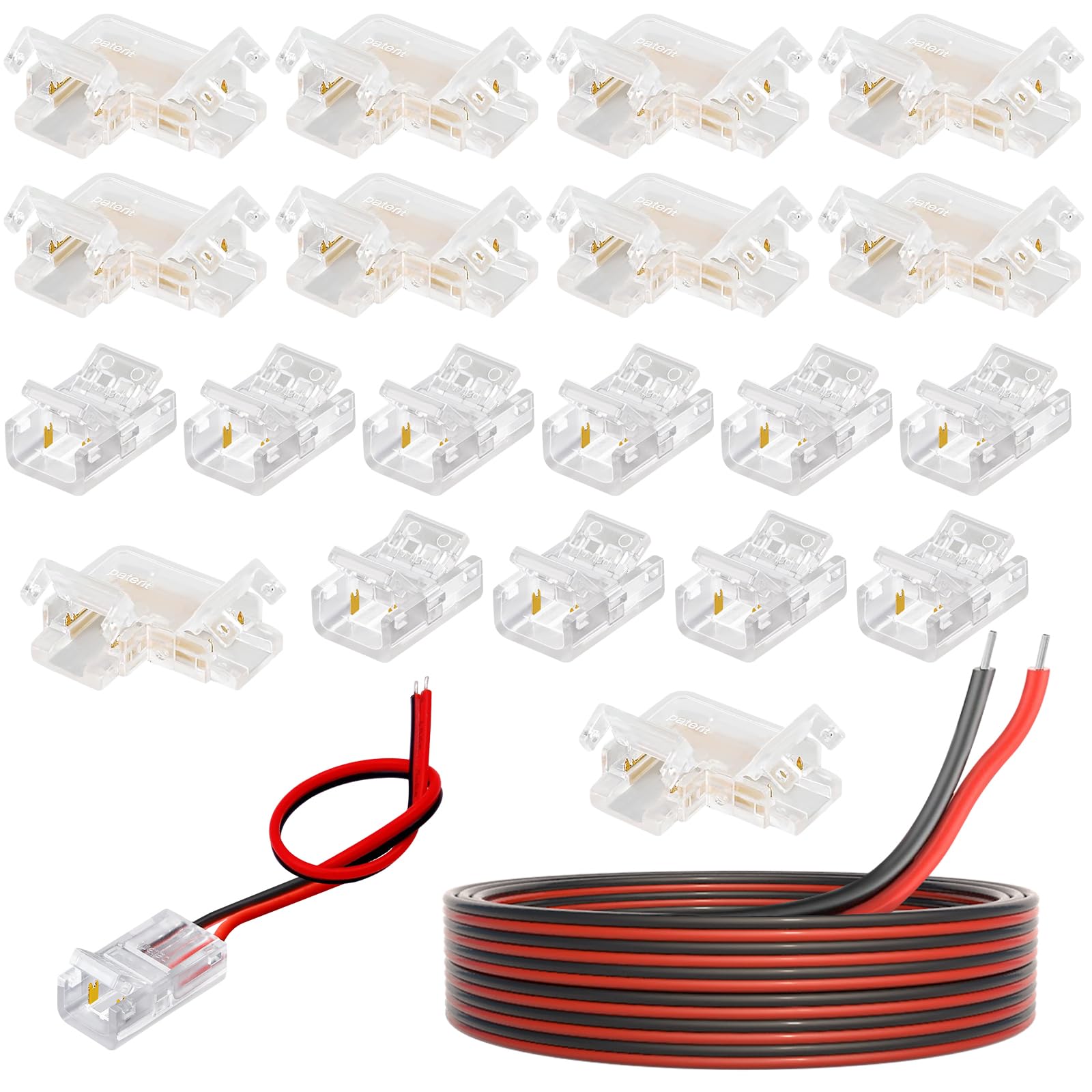 20 PCS 2 Pin COB LED Strip L Shape Connectors - 16.4ft Extension Cable 5m Wire Connectors Adapter for Waterproof LED Strip Lights Width 8mm - Efficient and Stable Connection for Wat (10mm)