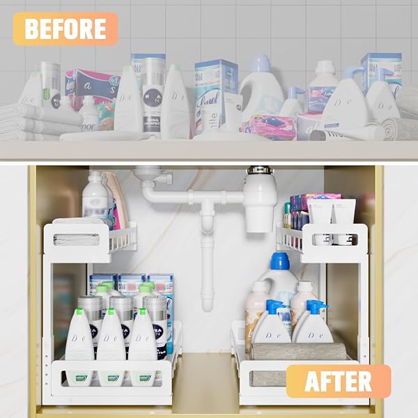 UNDER SINK ORGANIZER 2 PACK, METAL LARGE CAPACITY 2-TIER SLIDING CABINET STORAGE RACK, HEAVY-DUTY RUST-RESISTANT STEEL FRAME, HOLDS 50 LBS EACH, ADJUSTABLE HEIGHT 12–16″, 14″D X 11″W FOR HOME, WHITE