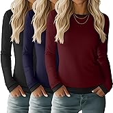 Velvelhall 3 Pack Women's Long Sleeve Crew Neck Shirts Fake Two Pieces Slim Fit Casual Tops Tight Basic Layering Look Tees