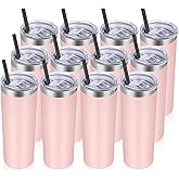VEGOND Stainless Steel Tumblers Bulk 12 Pack, 20 oz Vacuum Insulated Skinny Tumblers with Lid and Straw, Double Wall Coffee Mug, Travel Water Cup, Light Pink