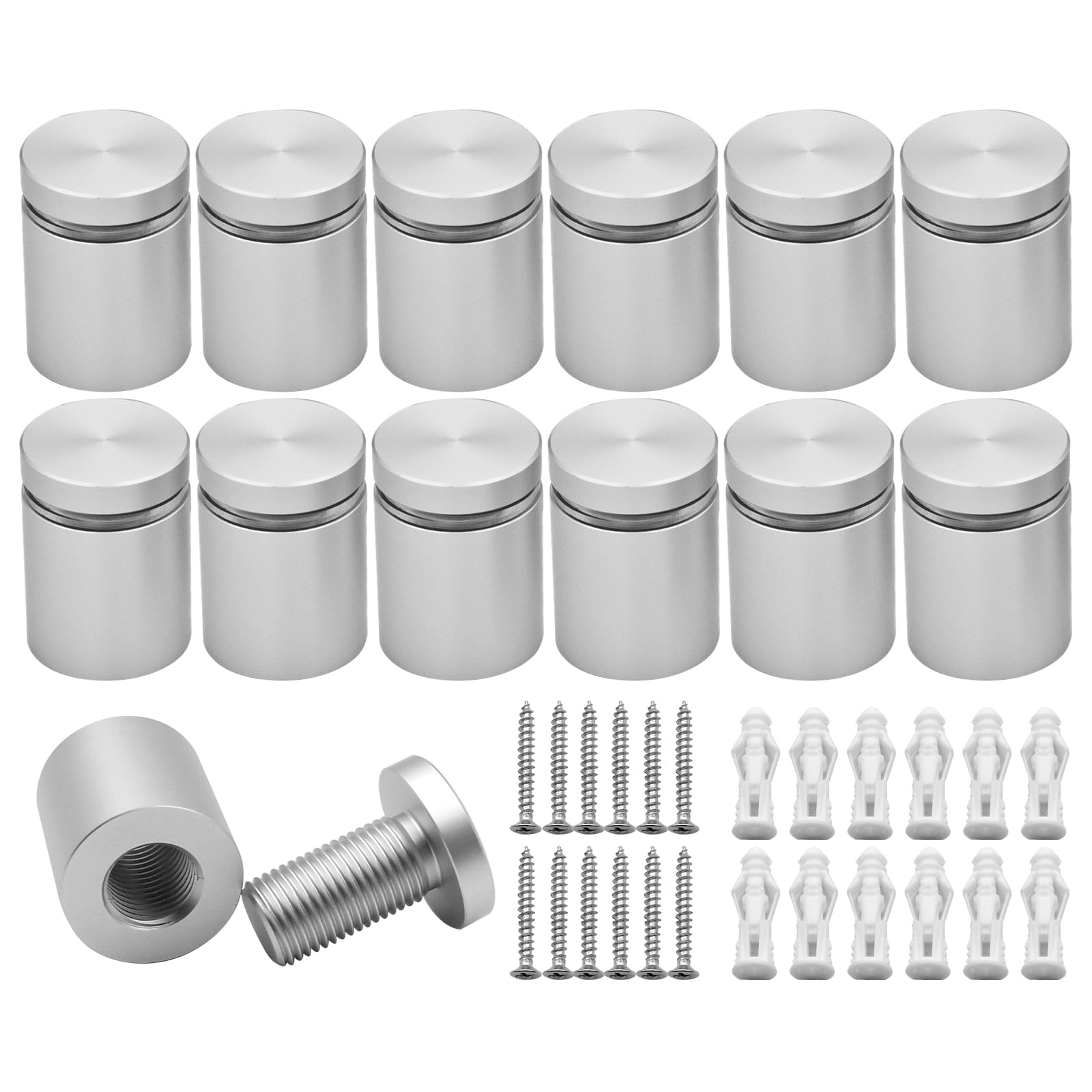 KENSHIRE 12PCS 19x20mm Solid Aluminum Sign Standoff Wall mounts Advertising Screws Fixing standoffs fixings for Acrylic Signs Display (Satin Chrome Anodized)
