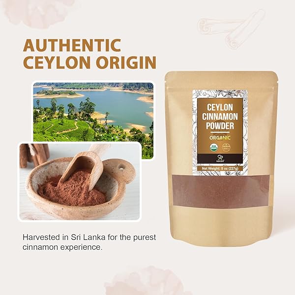 SOEOS ORGANIC CEYLON CINNAMON POWDER, 8OZ (PACK OF 1), PREMIUM GROUND CINNAMON, NON-GMO, GLUTEN-FREE, FRESHLY PACKED