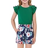 Haloumoning Girls 2 Piece Summer Outfits Clothes Ruffle Short Sleeve Shirts and High Waist Paper Bag Shorts Sets with Pockets