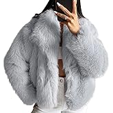 COZYPOIN Womens Faux Fur Jacket Fluffy Fur Coat Cropped Long Sleeve Lapel Button Down Fuzzy Winter Outerwear