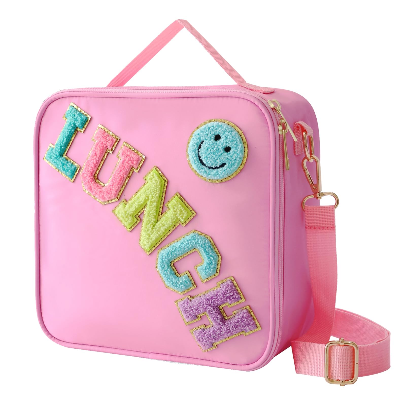 Photo 1 of Insulated Lunch Bag With Adjustable Shoulder Strap, Nylon Preppy Lunch Box Large Insulated Lunch Bag Reusable Lunch Tote Bag with Smiley Preppy LunchBag for Girls School Travel Picnic (Pink)