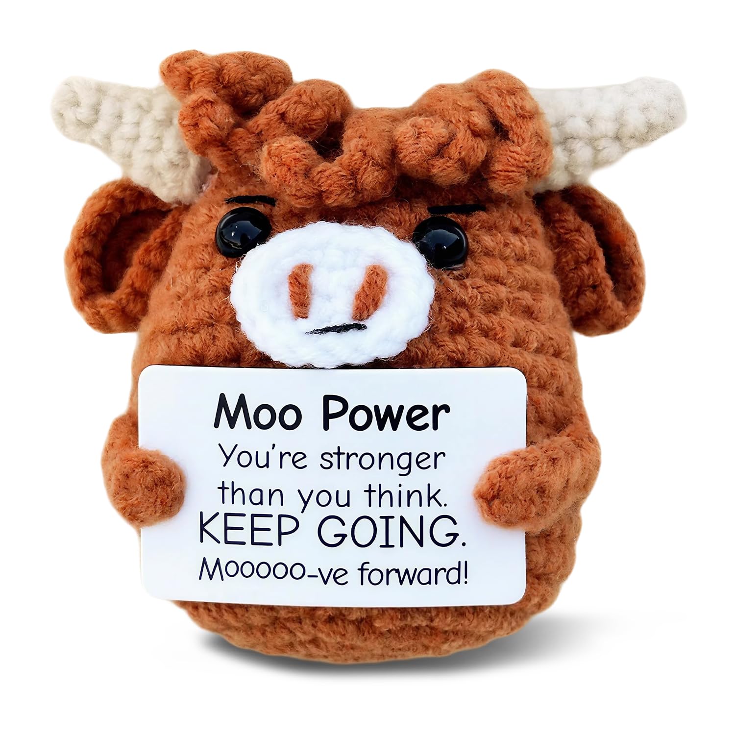 Positive Crochet Animals, Mini Positive Crochet Highland Cow, Emotional Support Animal with Positive Card, Motivational Mini Cow Gifts for Women, Students, and Friends, Unique Positive Gift Idea