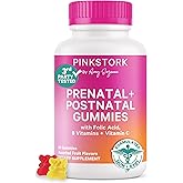 Pink Stork Fertility + Prenatal + Postnatal Gummy Vitamins – Full Motherhood Journey Support – Multivitamin with Folate, B Vitamins, Zinc & Biotin – Postpartum Essentials - 60 Assorted Fruit Gummies