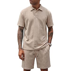 Gihuo Mens 2 Piece Outfits Textured Knit Polo Shirt and Shorts Set