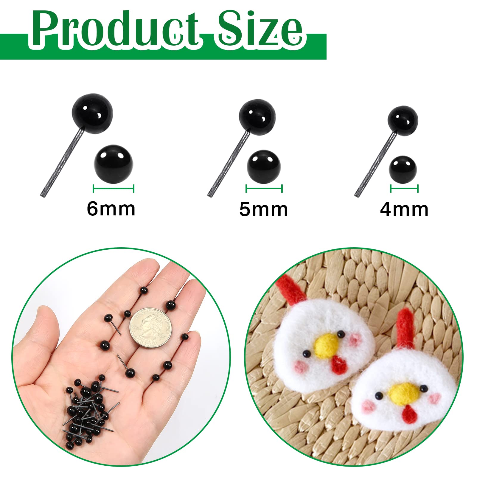 TOAOB 300pcs Glass Safety Eyes 4mm 5mm 6mm Black Beans Glass Eyes Balls Doll Eyeballs for DIY Bear Plush Animal Puppet Needle Felting Dolls Decoys Sewing Crafts