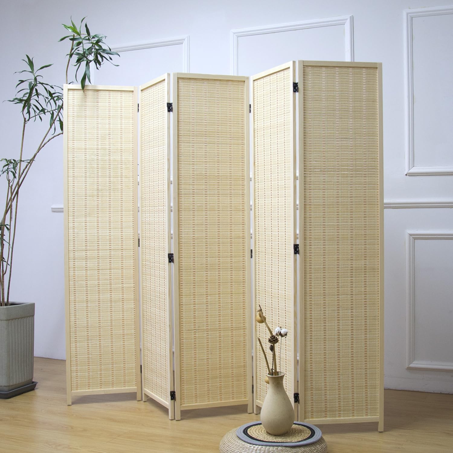 Photo 1 of Furnnylane 5 Panel Room Divider and Folding Panel Screen,Bamboo Panel Divider Screen for Room Separation,Beige,67" H x 76.75" W