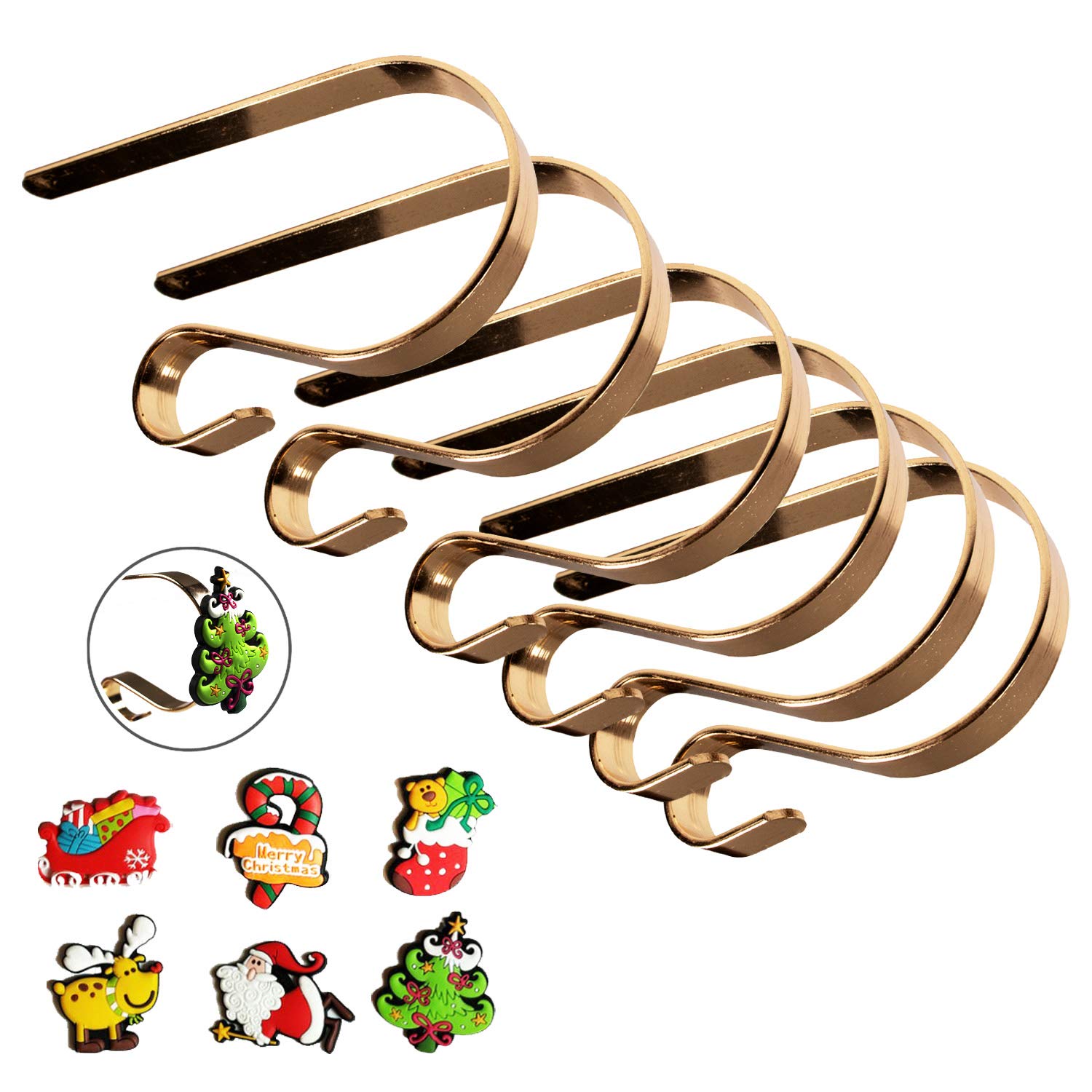 BEHEY Christmas Stocking Holders 6 Pieces with 6 Rubber Cartoon Pad - Mantle Hanger Adjustable Metal Grips Hook Xmas Garland Clips Decoration Golden Rose