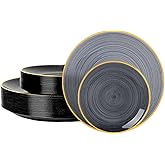 N9R 60PCS Black Plastic Plates with Gold Rim, Elegant Disposable Plates, Circular Ribbed Design, 30 Dinner & 30 Dessert Plate for Parties, Weddings, Halloween, Banquets and Events (Translucent Black)