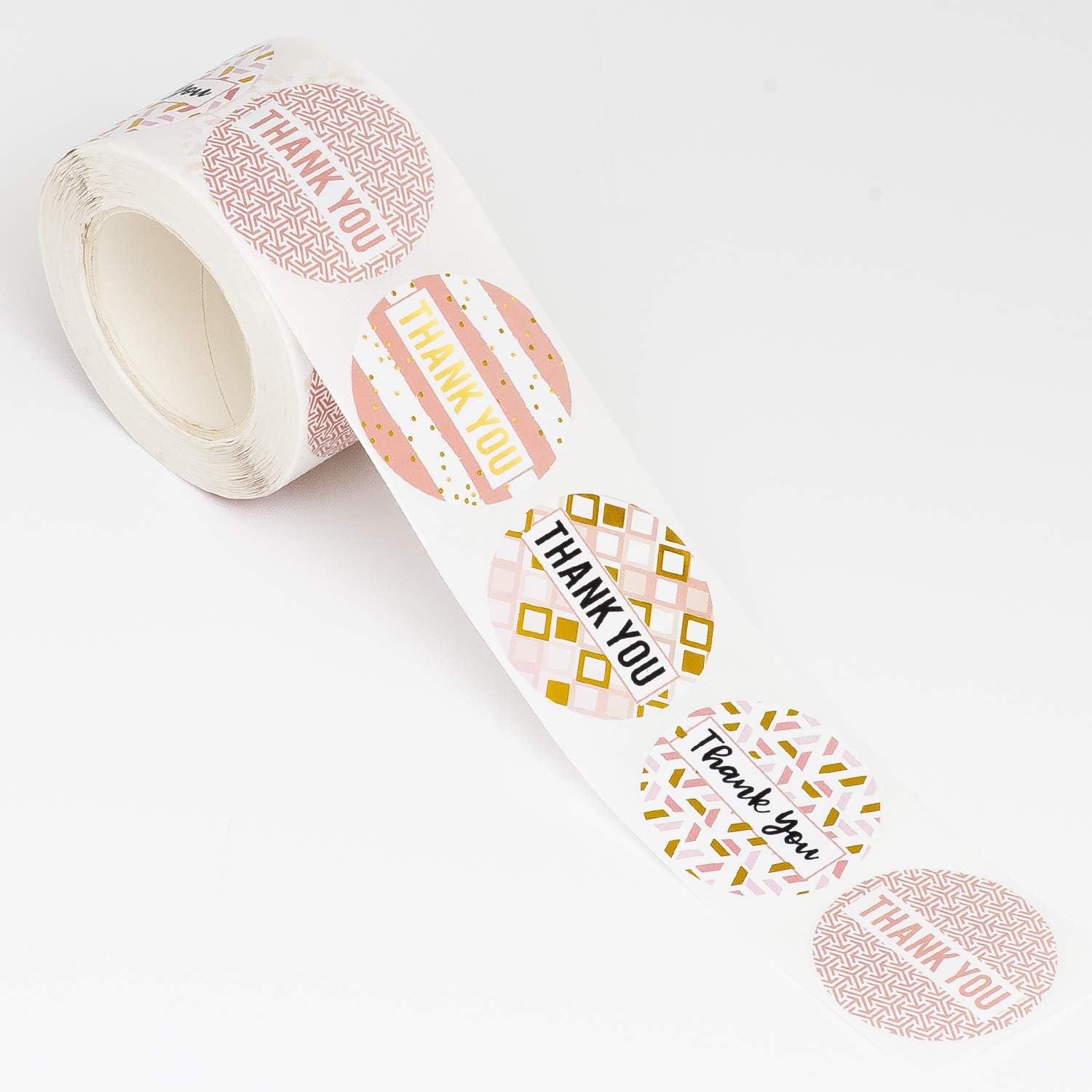 1.5" Thank You Stickers with Gold Foil / 4 Different Elegant Geometric Modern Pink Rose White Designs / 500 Adhesive Labels per Roll