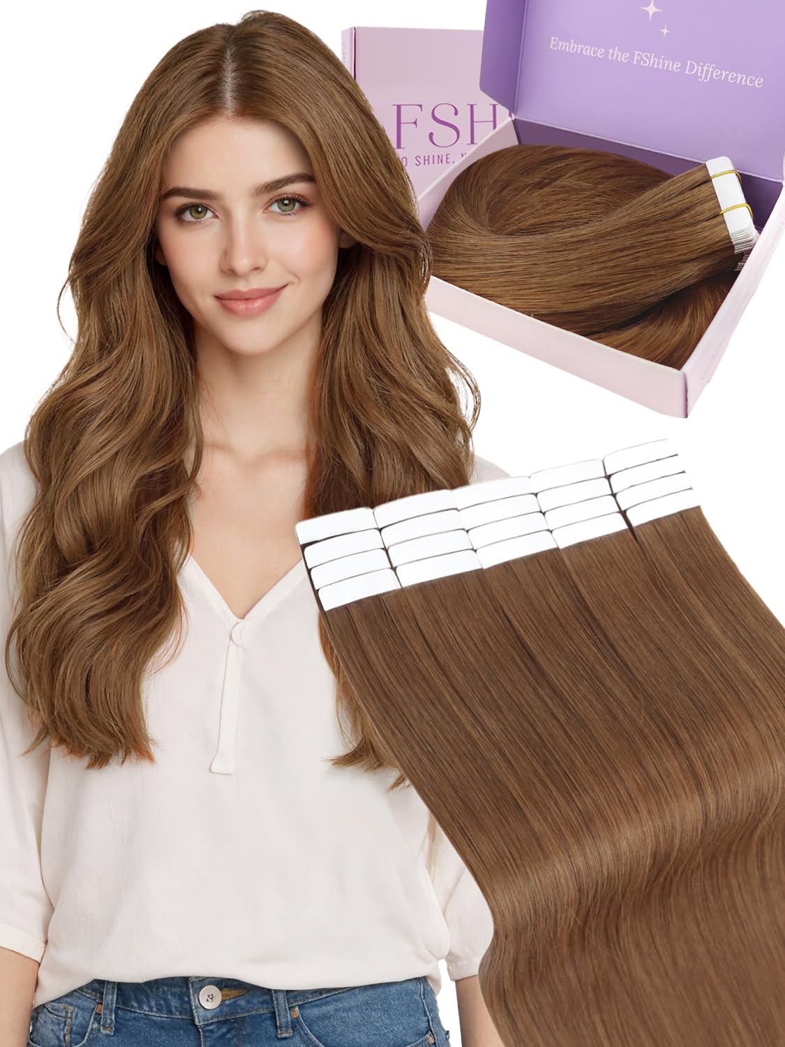 Fshine Tape in Hair Extensions Human Hair Copper Red Remy Human Hair Extensions Tapes Dark Auburn Brown, Seamless Adhesion, 20 Pieces 50 g 18 Inch, Easy to Apply, Natural Look for Ladies, Color 330