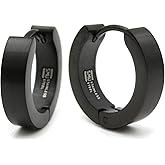 Pair Stainless Steel Hoop Huggy Earrings Black Silver-tone 16mm