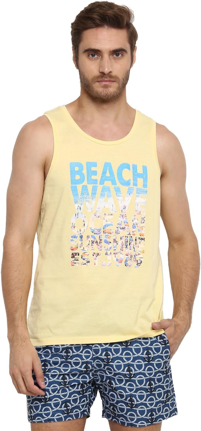 KVL Men's Printed Round Neck Cotton Sleeveless T-Shirt - (Yellow)