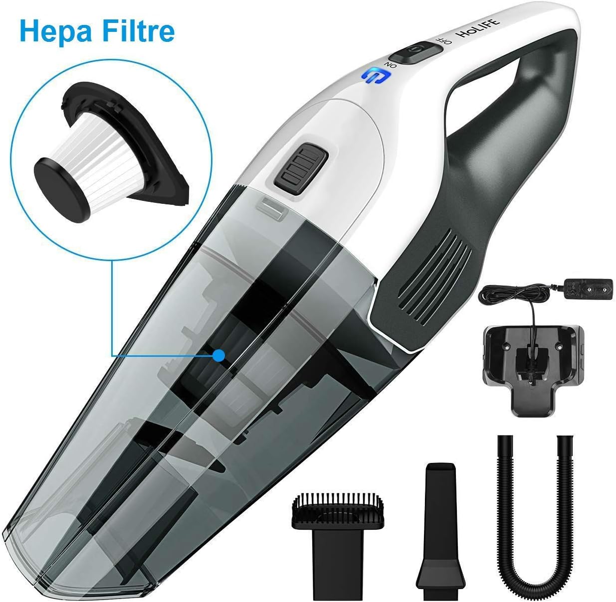 HoLife Aspiradora Inalámbrica de Mano con 2 Filtros, Recargable y Ligero ,Limpiador de Seco o Húmedo de Pelo de Mascota con Batería de Litio de Carga Rápida de 14,8 V 100w Succión Ciclónica, Tecnología Alta- Nueva versión ( Negro y blanco)