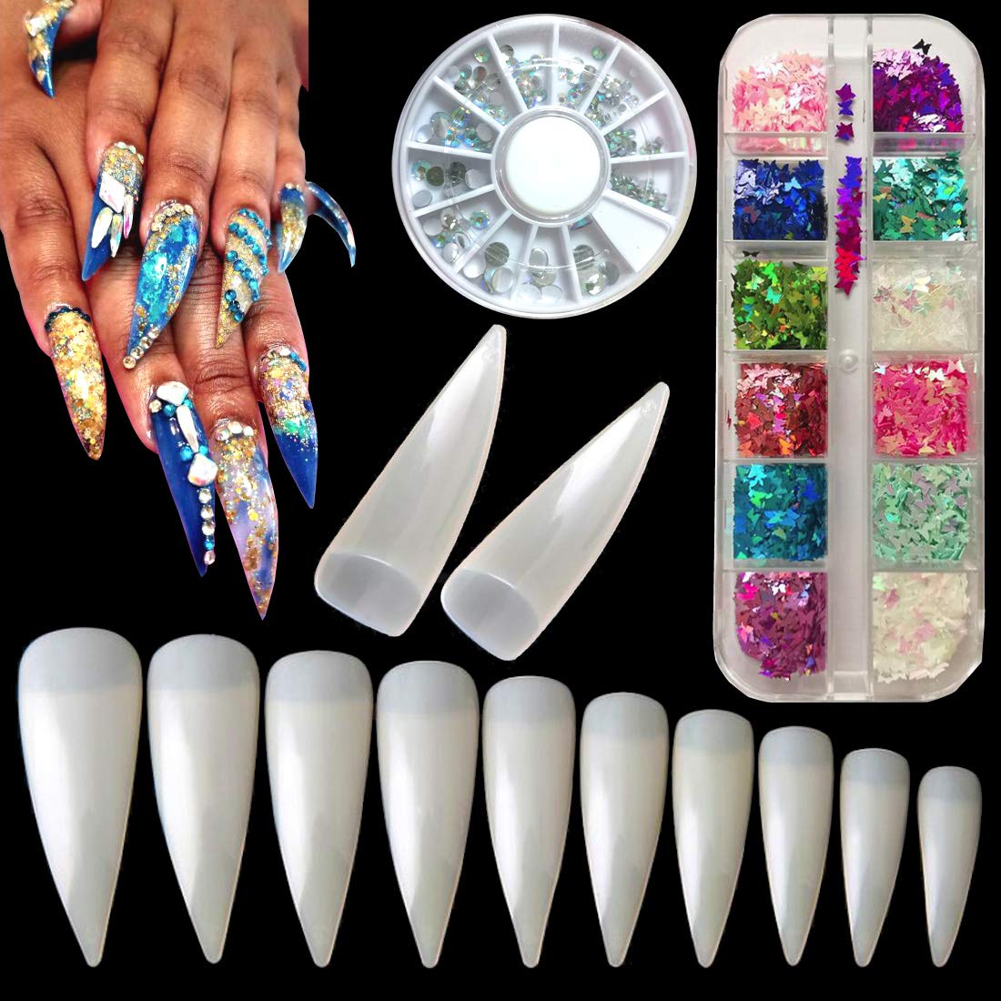 600Pcs Natural Fake Nails Half Cover Stiletto Nail Tips Long Acrylic Nails, 1 AB