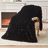 EMME Faux Fur Blanket Twin Size Black - Big Bubble Rabbit Cozy Blanket for Couch, Thick Furry Plush Shaggy Blankets, 650GSM, 60x80 Inches