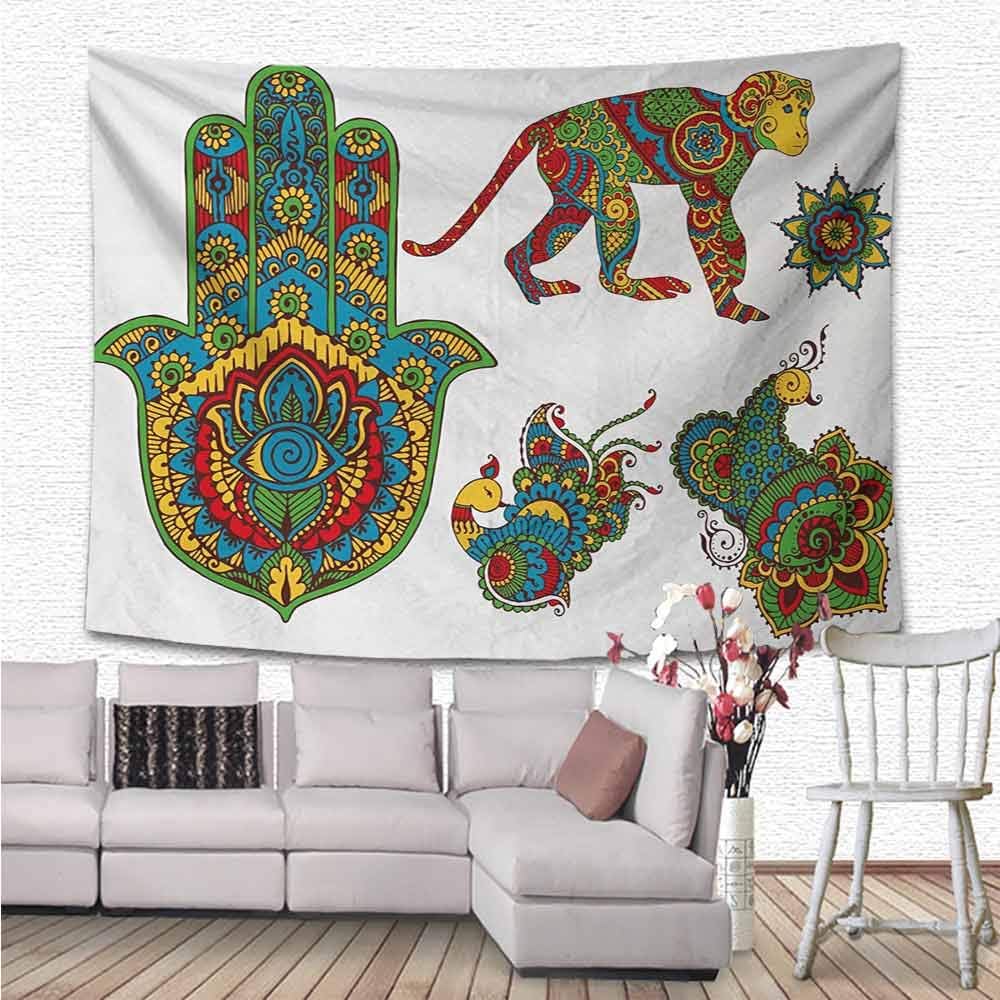 Hamsa Beautiful Wall Hanging Tapestry, Hand Painted Mehndi Style Figures Monkey Moroccan Star Hamsa Hand and Peacock Birds Fabric Wallpaper Home Decor, 90"x60", Multicolor (230cmx150cm)