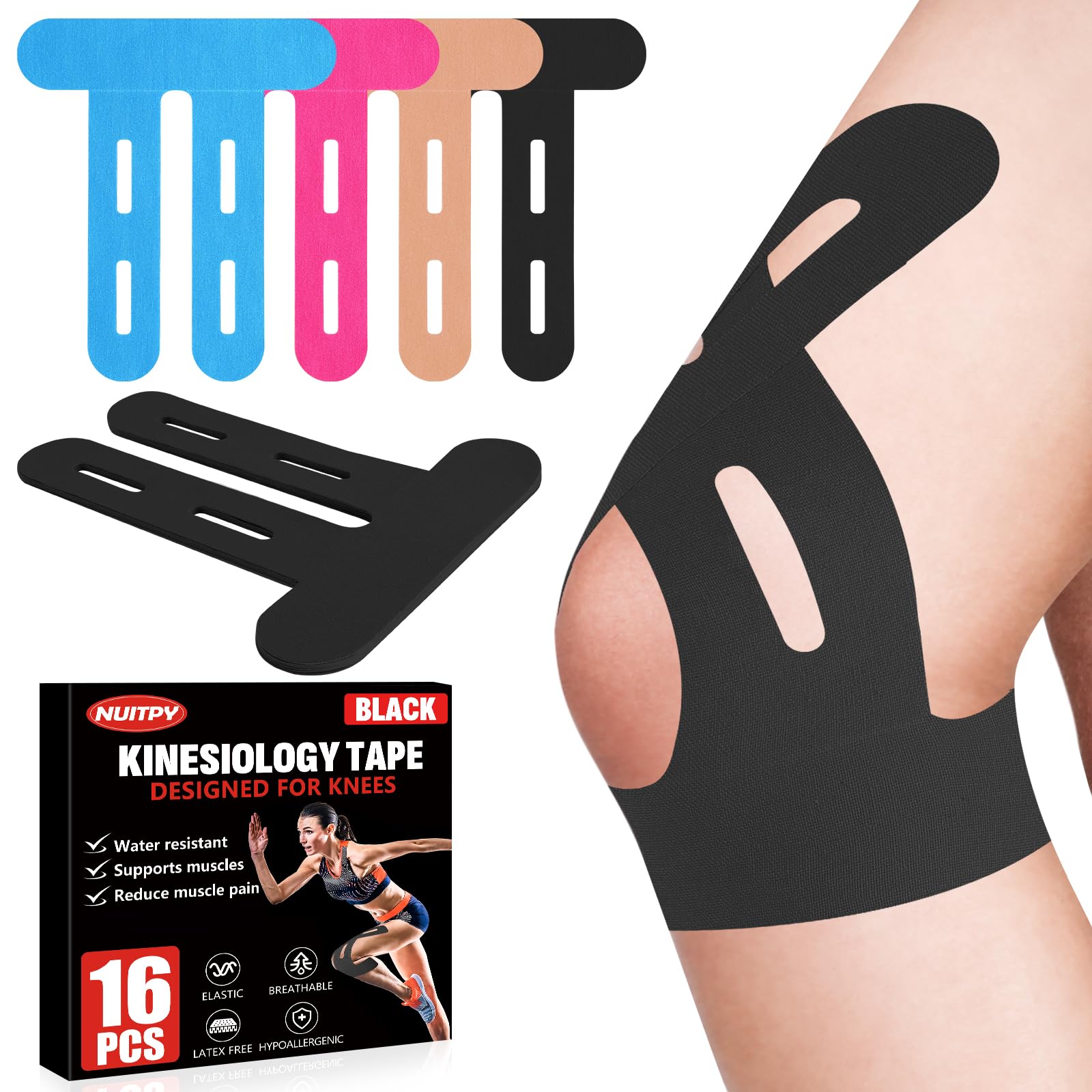 Photo 1 of 16 Pcs Kinesiology Tape for Knees, Pre Cut Knee Support & Stability, Elastic, Breathable, Latex-Free Pain Relief Athletic Tape for Knee - Black