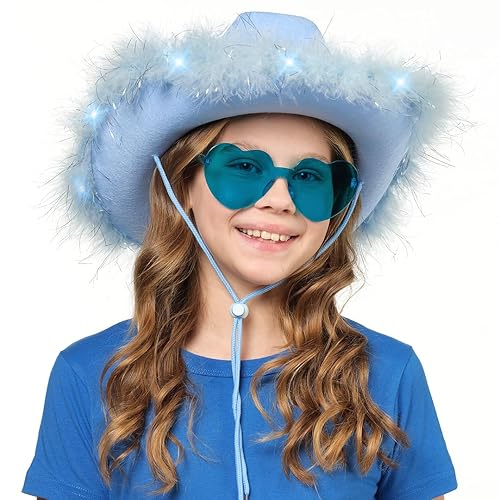 Funcredible Blue Cowboy Hat and Glasses Light Up Cowgirl Hat for Girls  Cowboy Hats with Feathers Hallowe