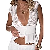 SOLY HUX Women's Lace Deep V Neck Tops Button Down Shirts Vintage Going Out Crop Tees Coquette Clothes