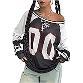 BEAUDRM Women's Y2k Mesh Jersey Shirts Sheer Graphic Tees Oversized Off The Shoulder Long Sleeve Tops Streetwear