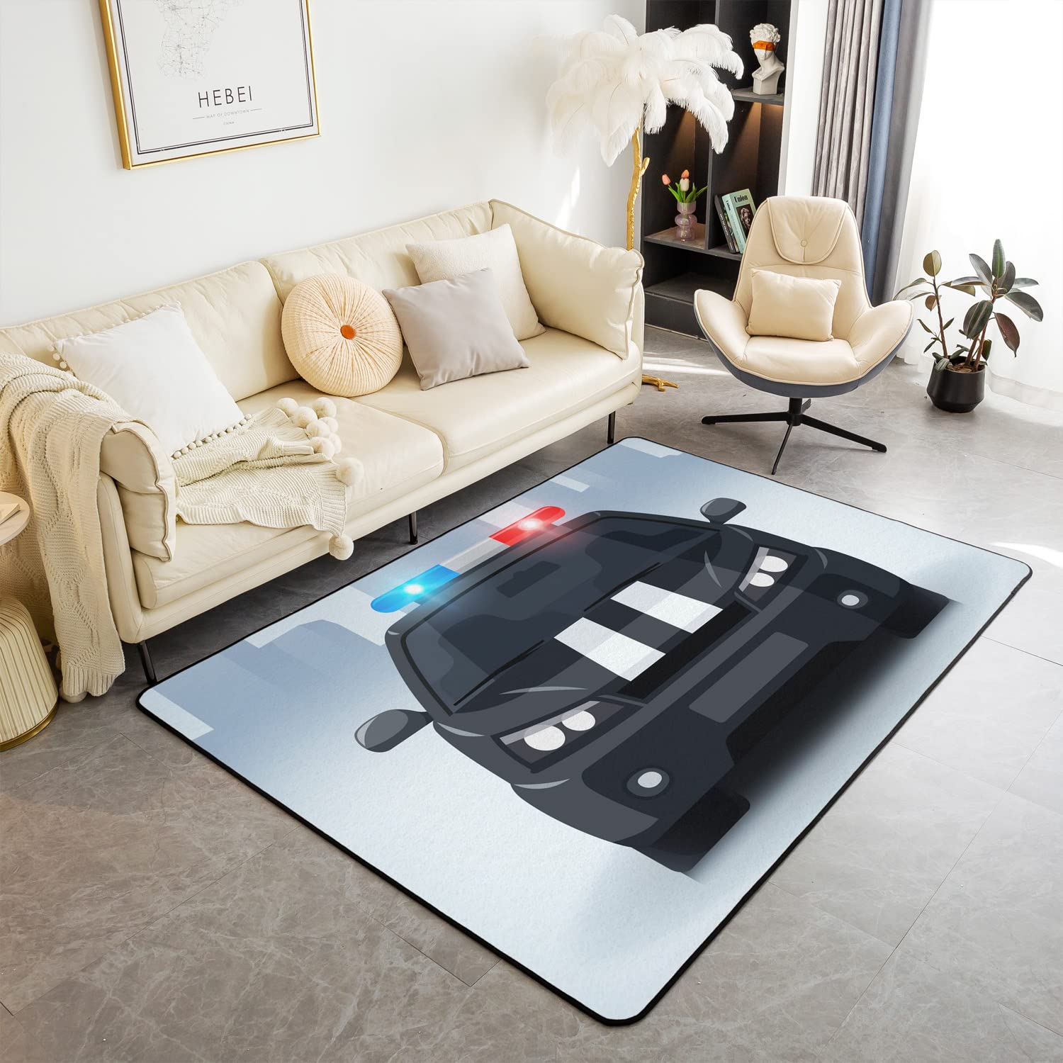 Loussiesd Police Car Rugs for Living Room Bedroom Police Man Area Rug Soft Carpet Cartoon Car Vehicle Home Decor for Bedroom Living Room Floor Rug Mats 100 * 150cm