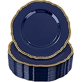Hioasis 60pcs Blue Plastic Plates - Blue and Gold Disposable Dinnerware with Gold Rim, Heavy-duty, 7.5 inch, Dessert Plates for Party & Christmas
