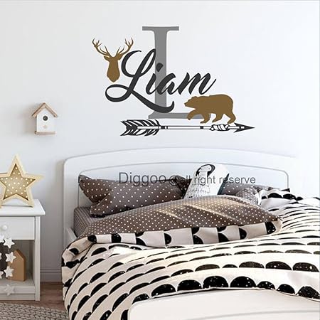 Nom Personnalise Sticker Mural Bois De Cerf En Ours En Fleche En Vinyle Rustique Chambre D Enfant Decor Art Deco 34 H X 51 W Black Gold Gray Amazon Fr Cuisine Maison