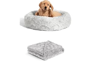 Best Friends by Sheri Bundle Set The Original Calming Lux Donut Cuddler Cat and Dog Bed + Pet Throw Blanket Gray Small 23"