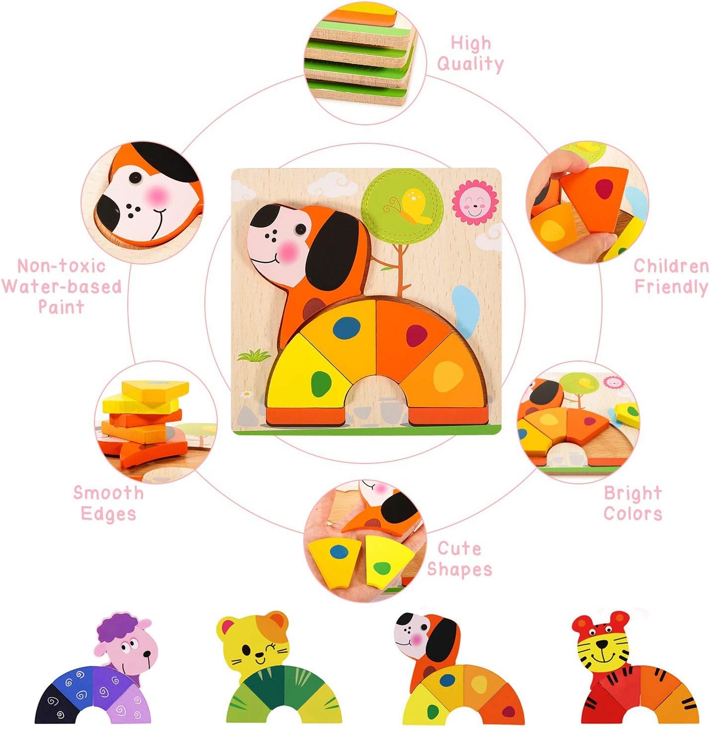 joylink Wooden Puzzles for Toddlers, 4 Packs Animal Wooden Jigsaw