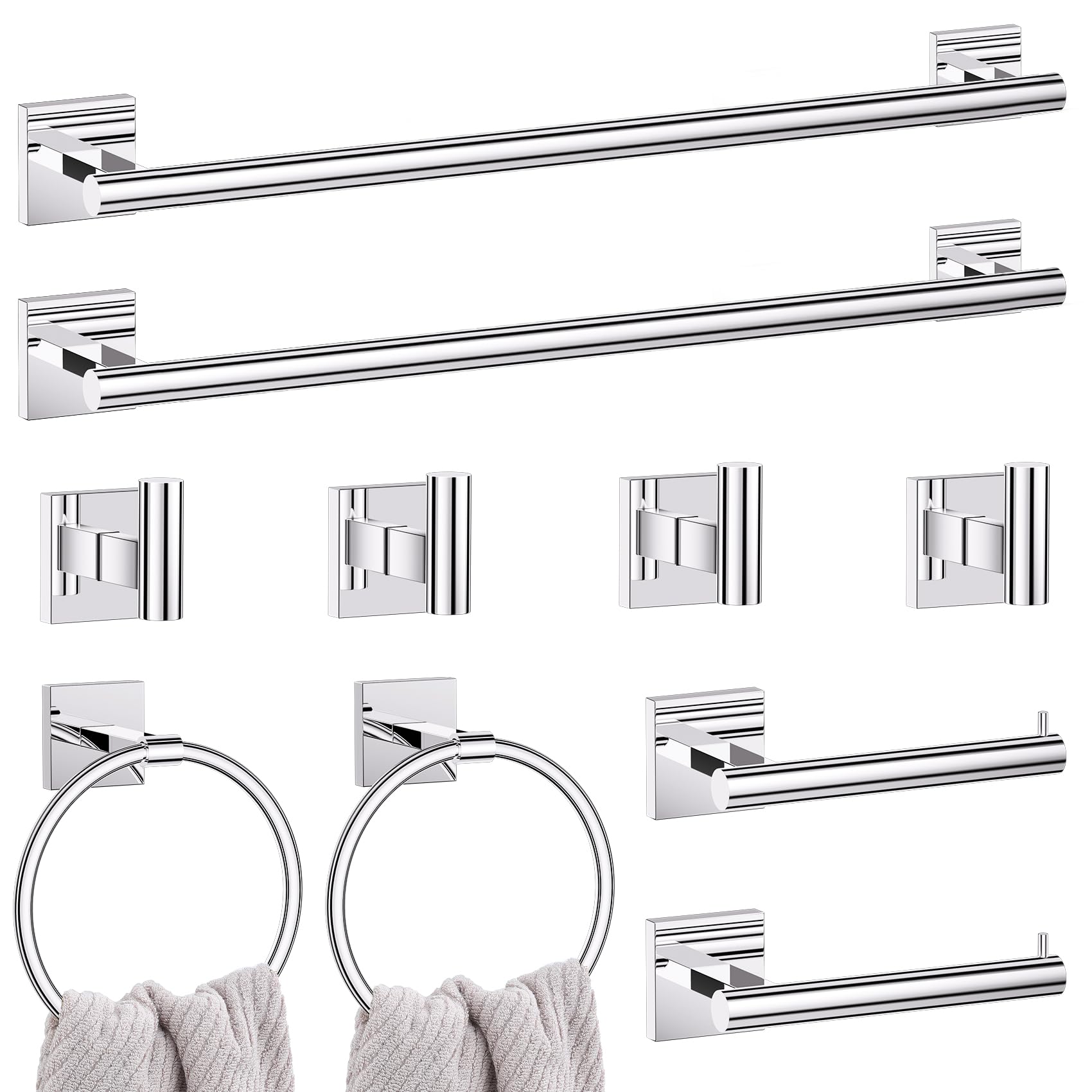 Photo 1 of 10 Pieces Polished Chrome Towel Bar Set, 23.6 Inch Bathroom Accessories Set SUS304 Stainless Steel Bathroom Hardware Set Towel Racks for Bathroom Wall Mounted.