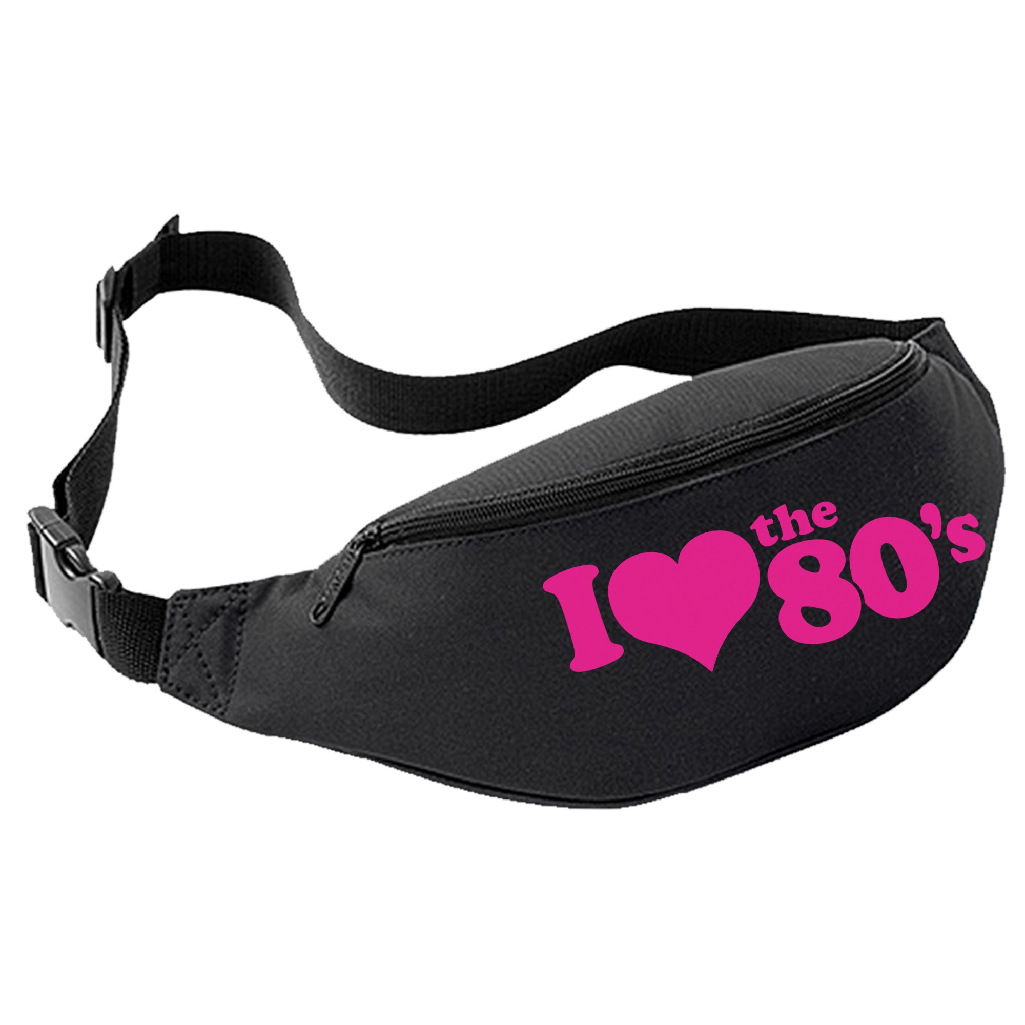 I Love The 80's Bum Bag (Black with Pink Print)