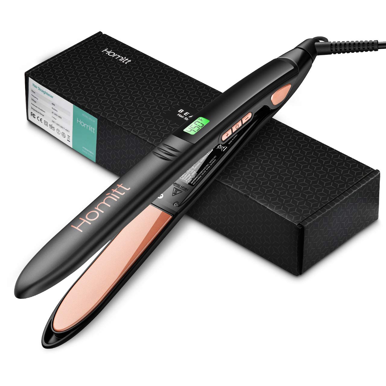 Hair Straightener Flat Iron，Homitt Titanium Flat Iron for Hair with Dual Voltage Travel Design for All Hair Style with 3D Floating Plates & Adjustable Temperatures (250-450F)