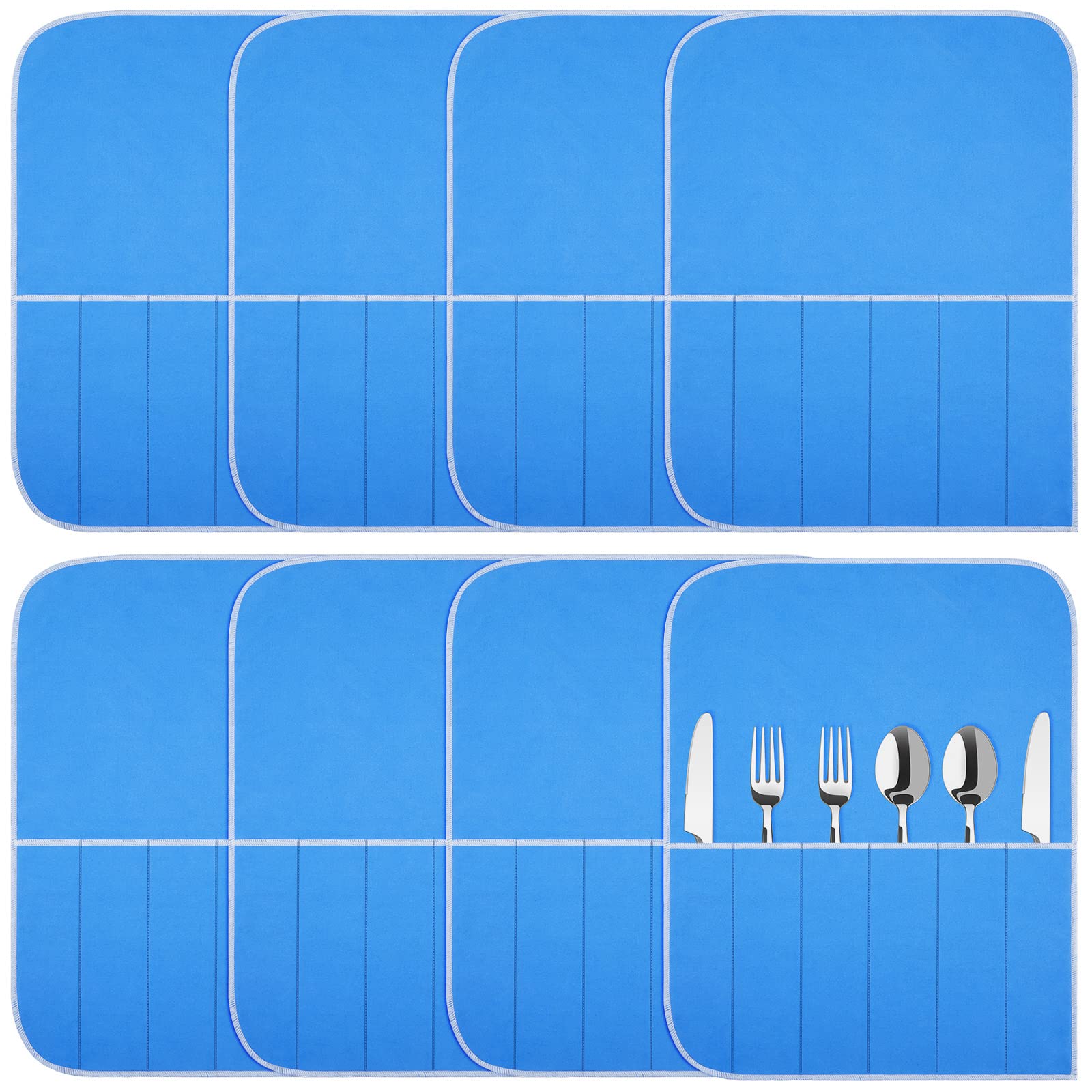 Silver Protector Bags - Blue Holder for Silverware Flatware - Anti Tarnish Silver Storage Organizer - Place Setting Roll with White Ribbon (8 Pieces)