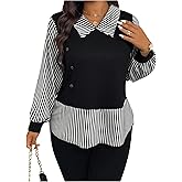 GORGLITTER Women's Plus Size Tops Casual Long Sleeve Baby Doll Tops Ruffle Hem Striped 2 in 1 Collared Peplum Tops Black and White 4X-Large Plus