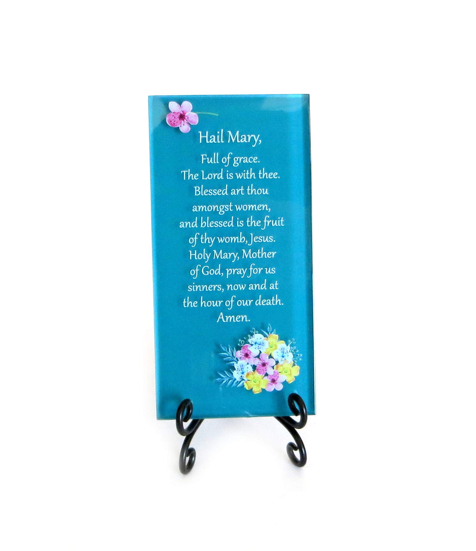 Lifeforce Glass The Hail Mary Prayer Inspirational Glass Plaque. A Beautiful Prayer to The Blessed Mother, A Wonderful Gift for a Catholic Family. Folding Easel Included Dark Teal.