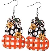 Handmade Thanksgiving Pumpkin Dwarf Double-sided Wooden Dangle Earrings Colorful Lightweight Flower Pumpkin Pie Coffee Cup Triple Hanging Earrings for Women Thanksgiving Day Fall Holiday Jewelry