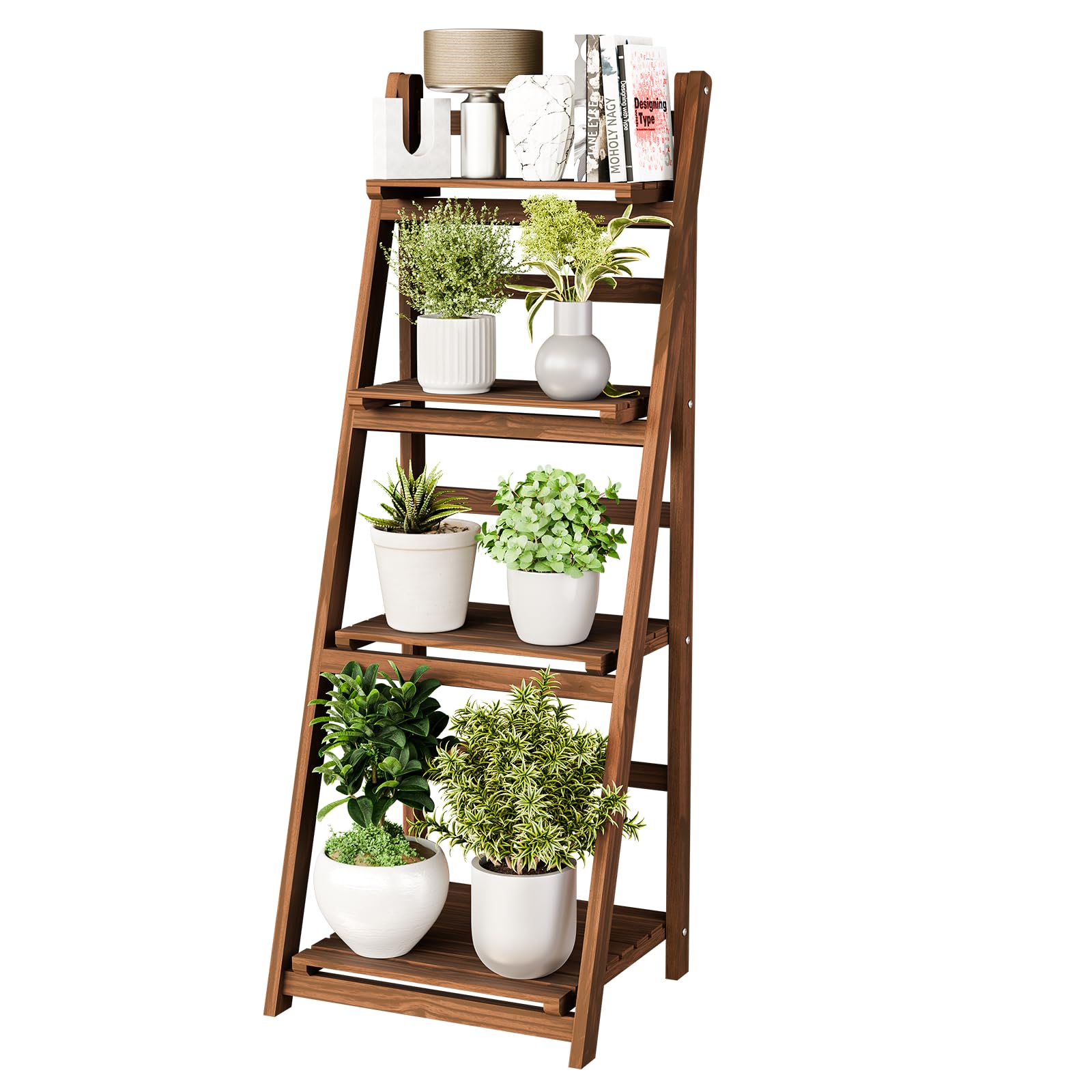 Photo 1 of ***It's used, it's missing a part and it's not known if it works 100%.****IDZO 4 Tier Wooden Ladder Shelf 44 in Bookcase Ladder Shelf Storage Shelves Rack Shelf Unit for Office and Home 44 x 16.5 inches, Wood Brown
