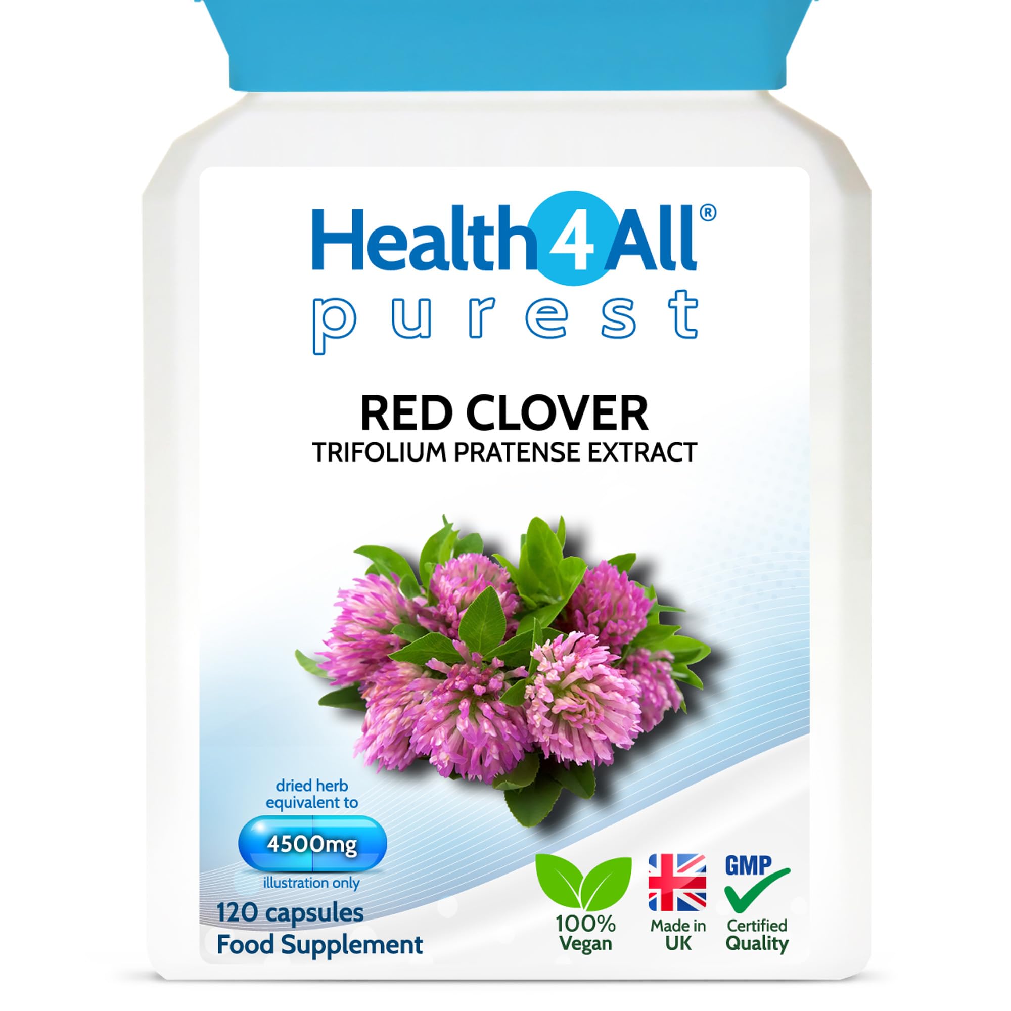 Health4All Red Clover 4500mg 120 Capsules 4 Months Supply, High Strength Extract 24mg Isoflavones Each Capsule, Menopause Support & Hormone Balance Vegan Supplement | Made in UK