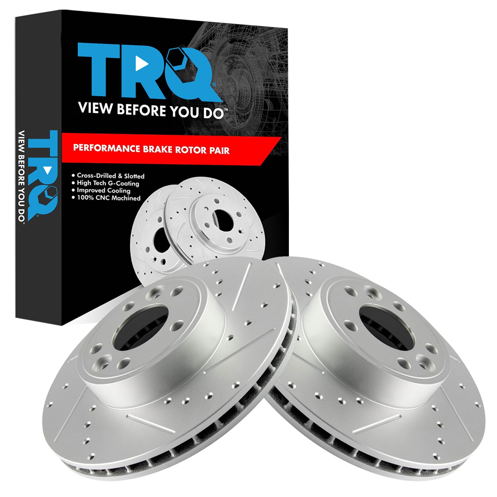 TRQ Front Brake Rotor Set G Coated Vented Drilled and Slotted Compatible with 1998-2002 Ford Crown Victoria Lincoln Town Car Mercury Grand Marquis