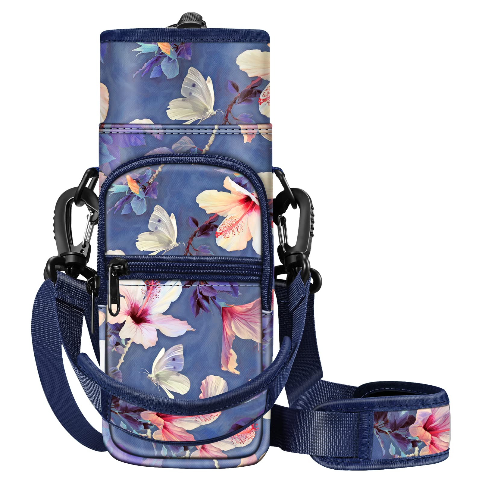 CASEBOT Carry Bag for Water Bottles, Bottle Holder, Water Bottle Bag with Adjustable Shoulder Strap and 2 Pockets for Hiking, Cycling, Camping, Travel, Fitness Centre, Blooming Hibiscus, Water Bottle