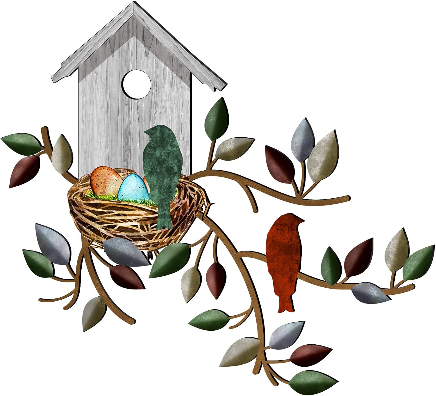 Plaques & Wall Art - Peryiter Birds Wall Decor Metal Bird Decor for Wall Outdoor Bird Wall Art Hanging Metal Tree with Birdhouse for Living Room Metal Tree Leaf Wall Decor for Indoor Outdoor Garden (White)