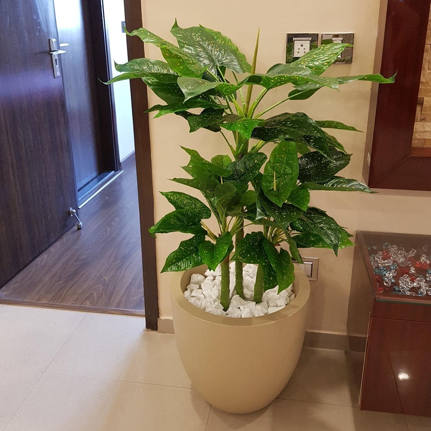 Fourwalls Beautiful Artificial Miniature PVC Silk Floor Plant with big Leaves and without pot (110 cm Tall, Green/Yellow)
