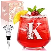 Physkoa Personalized Stemless Wine Glass — Customized A–Z Initial, Etched & Dishwasher Safe | Birthday Wine Gift for Her, Mom, Friend, Wife, Sister | Valentine’s Day Monogrammed Gift(K)