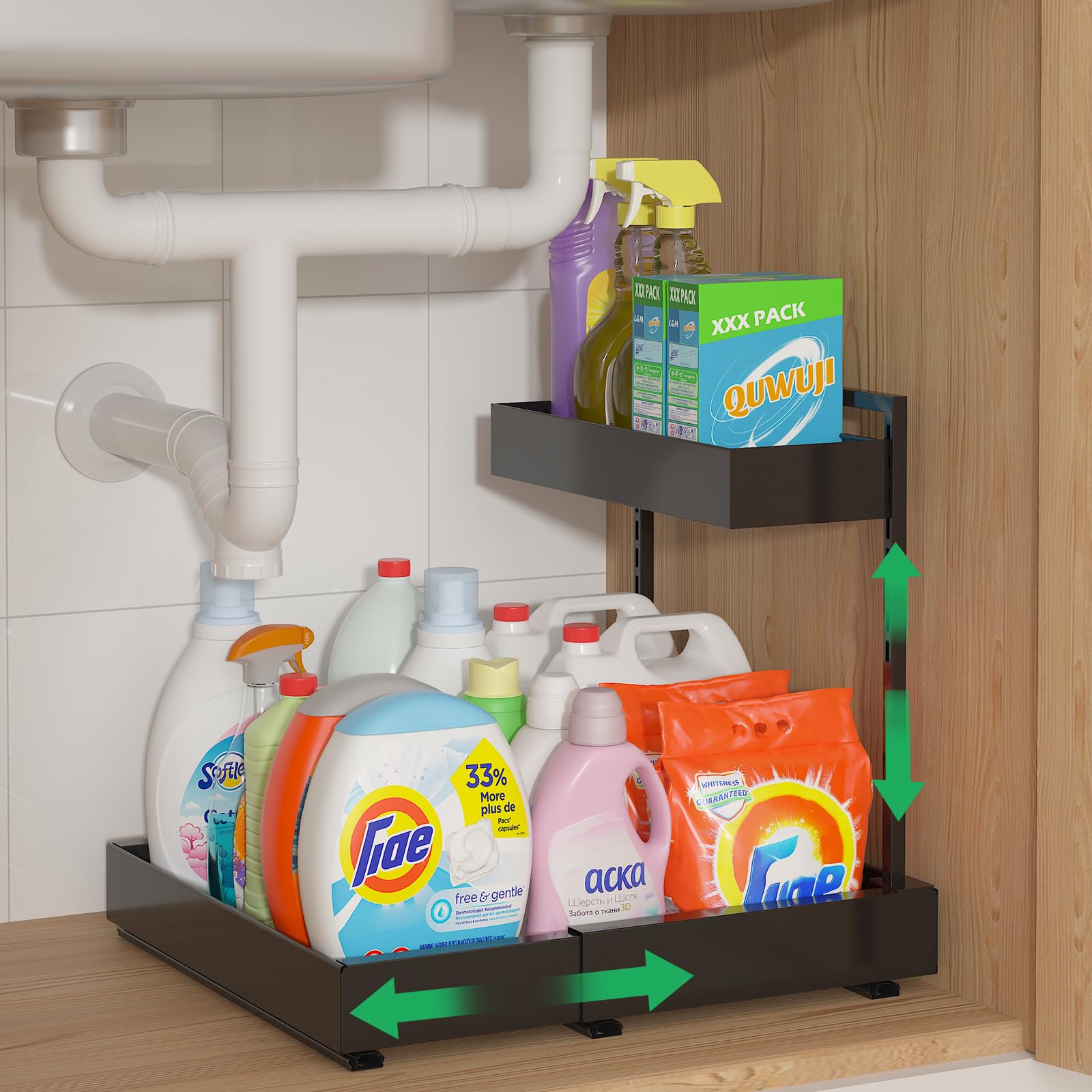 Photo 1 of REALINN Expandable Under Sink Organizers and Storage, 2 Tier Under Cabinet Organizer, Heights Adjustable Pull Out Rack for Kitchen Bathroom Laundry, Black, 1 Pack