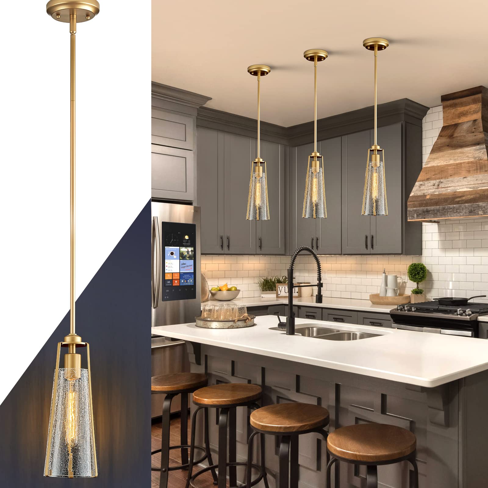 Photo 1 of AIRYPHANT Gold Glass Pendant Light Set of 3, Modern 1-Light Gold Crackle Glass Pendant Light for Dining Room Kitchen Island