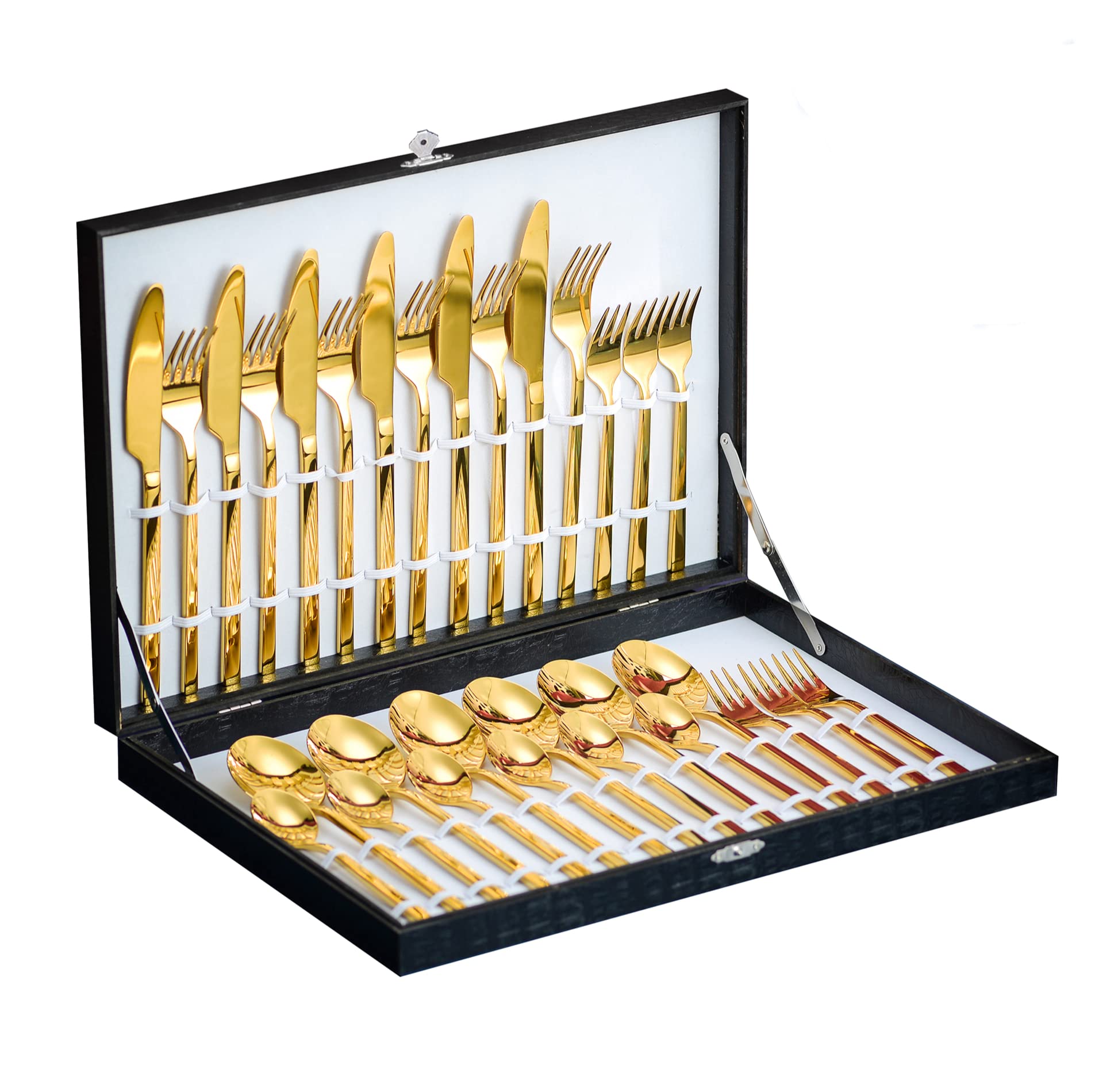 Velaze 30-Piece Gold Silverware Set Cutlery Set, 18/10 Stainless Steel Cutlery Set for 6 People Include Dinner Spoon, Dinner Fork, Dinner Knife and Dessert Fork, Mirror Polished Design
